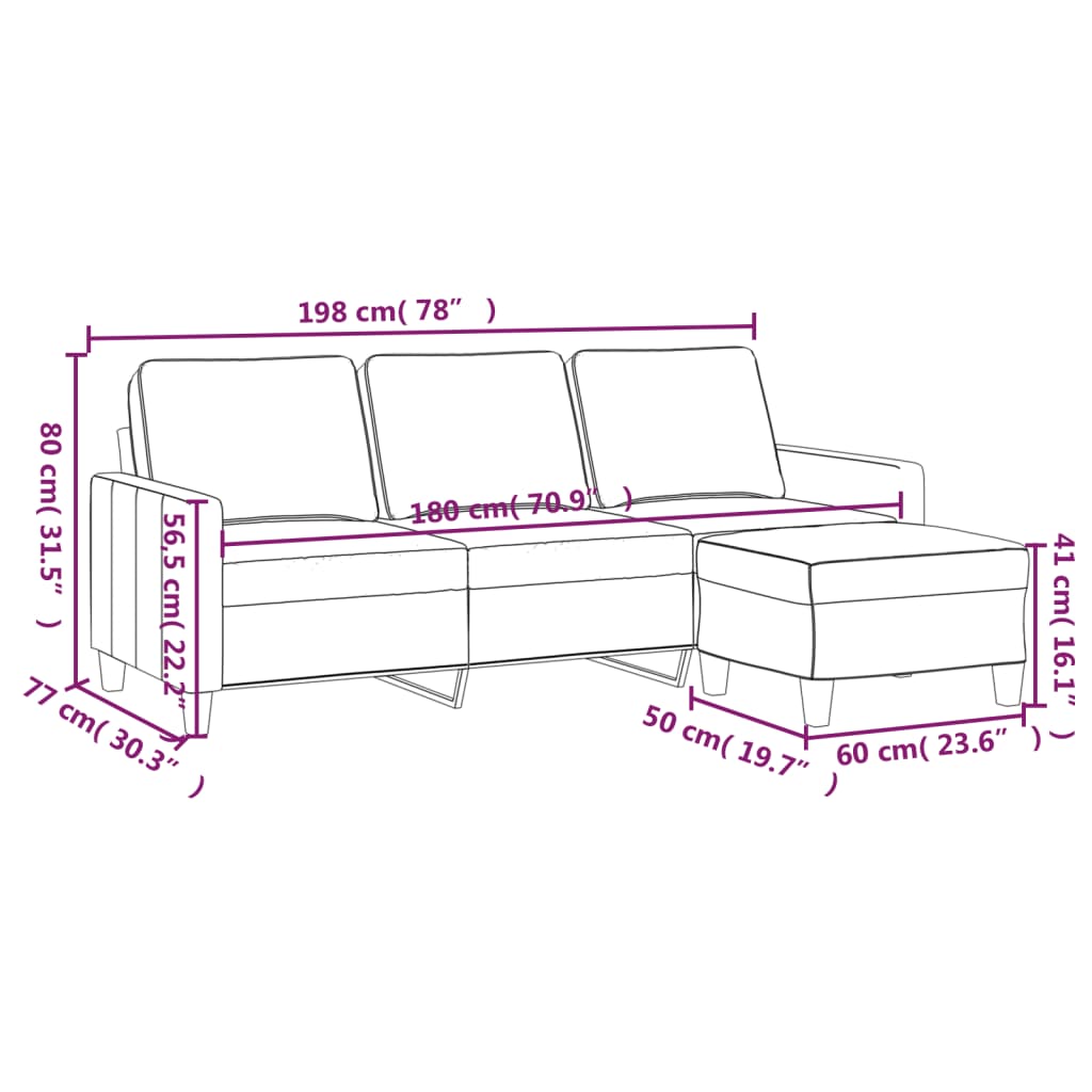 Sofá de 3 lugares com apoio de pés 180 cm tecido cor creme