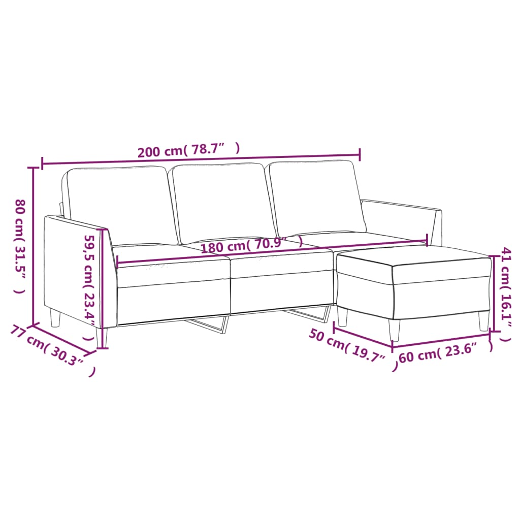 Sofá de 3 lugares c/ apoio de pés 180 cm couro artificial cinza