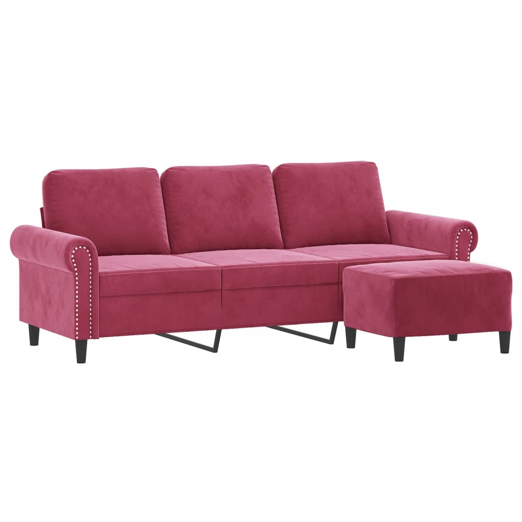 Sofá de 3 lugares com apoio de pés 180 cm veludo vermelho tinto