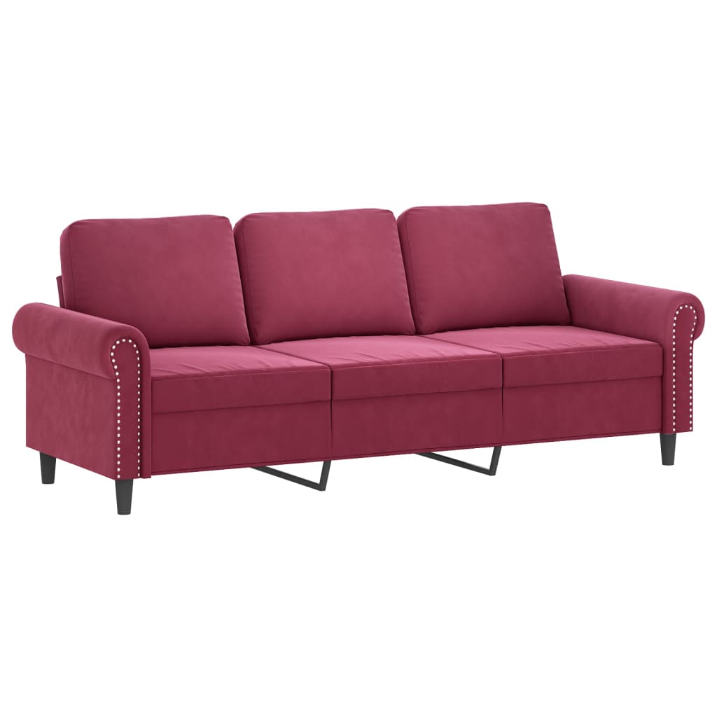 Sofá de 3 lugares com apoio de pés 180 cm veludo vermelho tinto