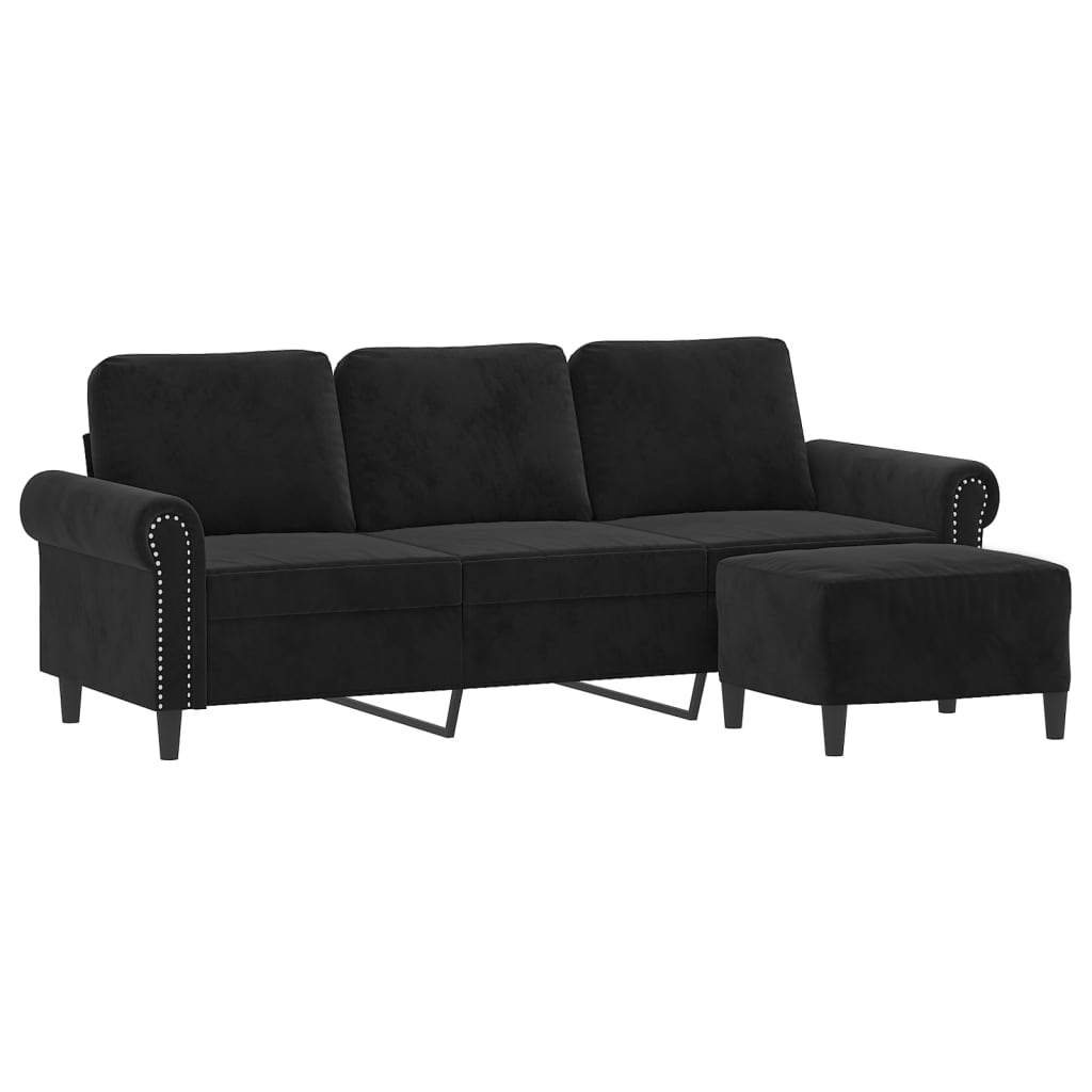 Sofá de 3 lugares com apoio de pés 180 cm veludo preto
