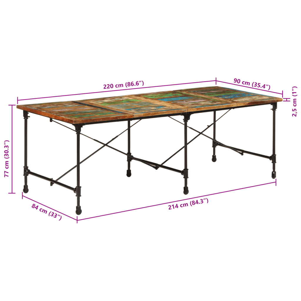 Mesa de jantar 220x90x77 cm madeira recuperada maciça