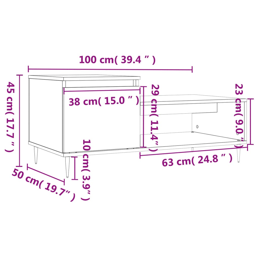 Mesa de centro 100x50x45 cm derivados madeira cinzento sonoma