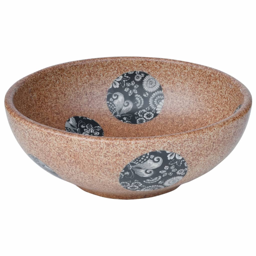 Lavatório de bancada redondo Φ41x14 cm cerâmica castanho e azul