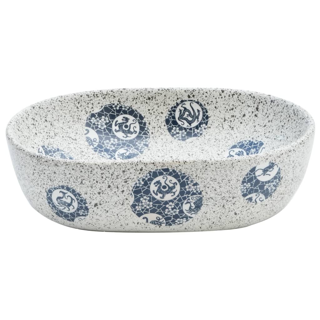 Lavatório de bancada oval 47x33x13 cm cerâmica cinza e azul