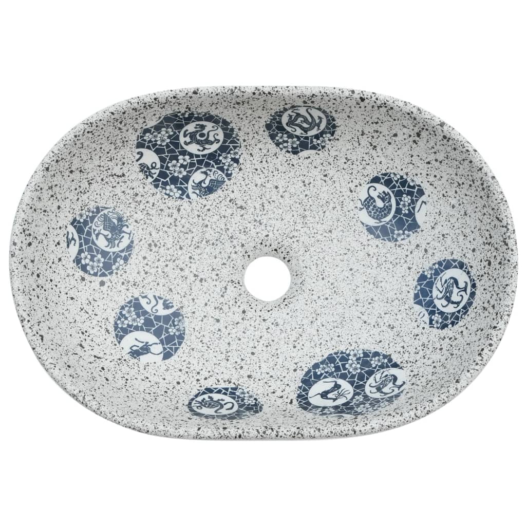Lavatório de bancada oval 47x33x13 cm cerâmica cinza e azul