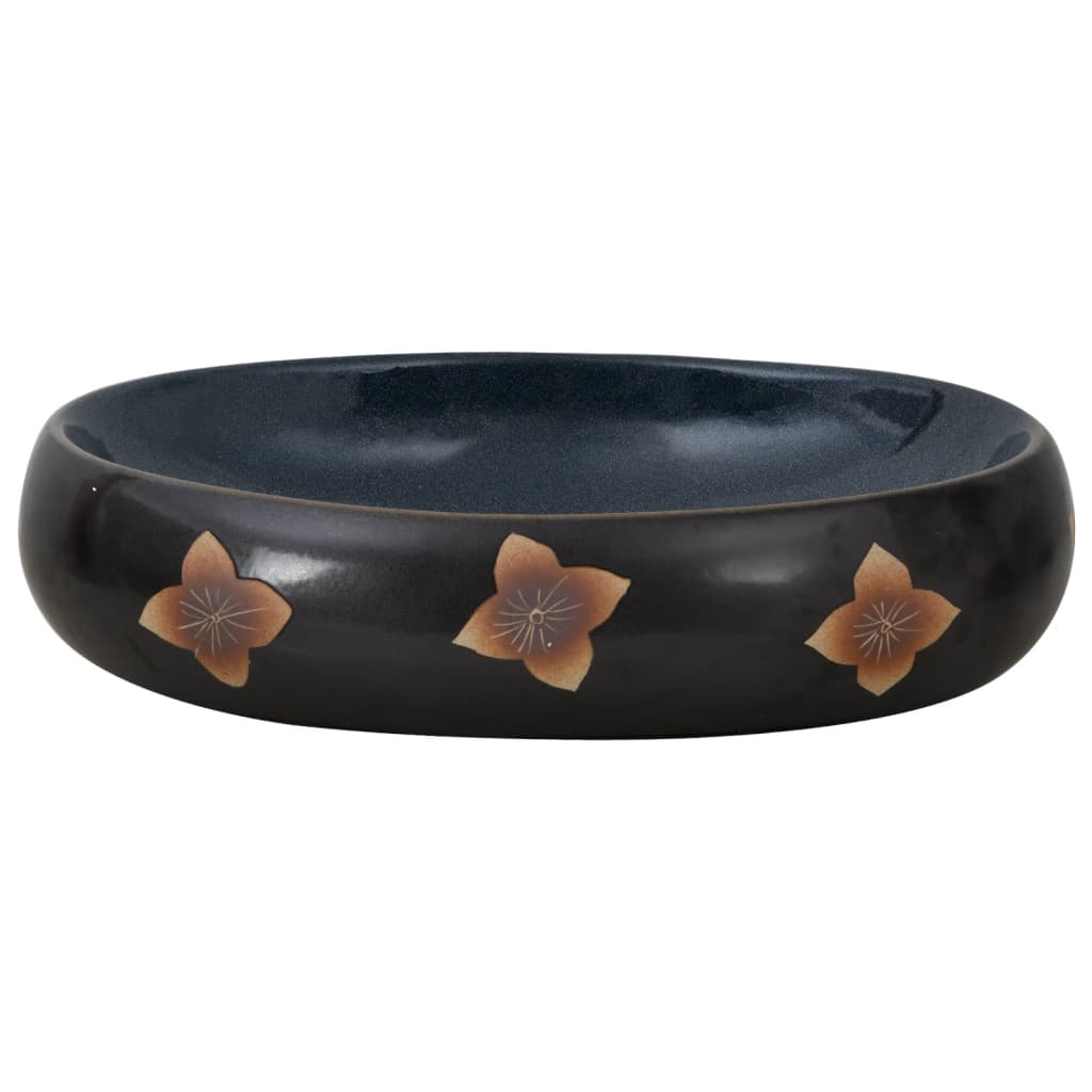 Lavatório de bancada oval 59x40x15 cm cerâmica preto e azul