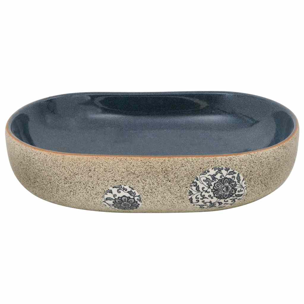 Lavatório bancada oval 59x40x14 cm cerâmica cor de areia e azul