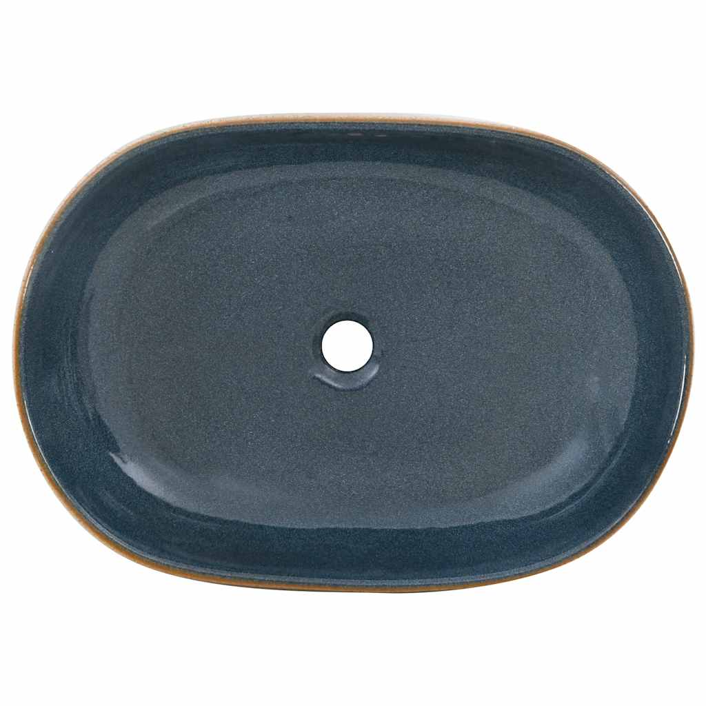 Lavatório bancada oval 59x40x14 cm cerâmica cor de areia e azul