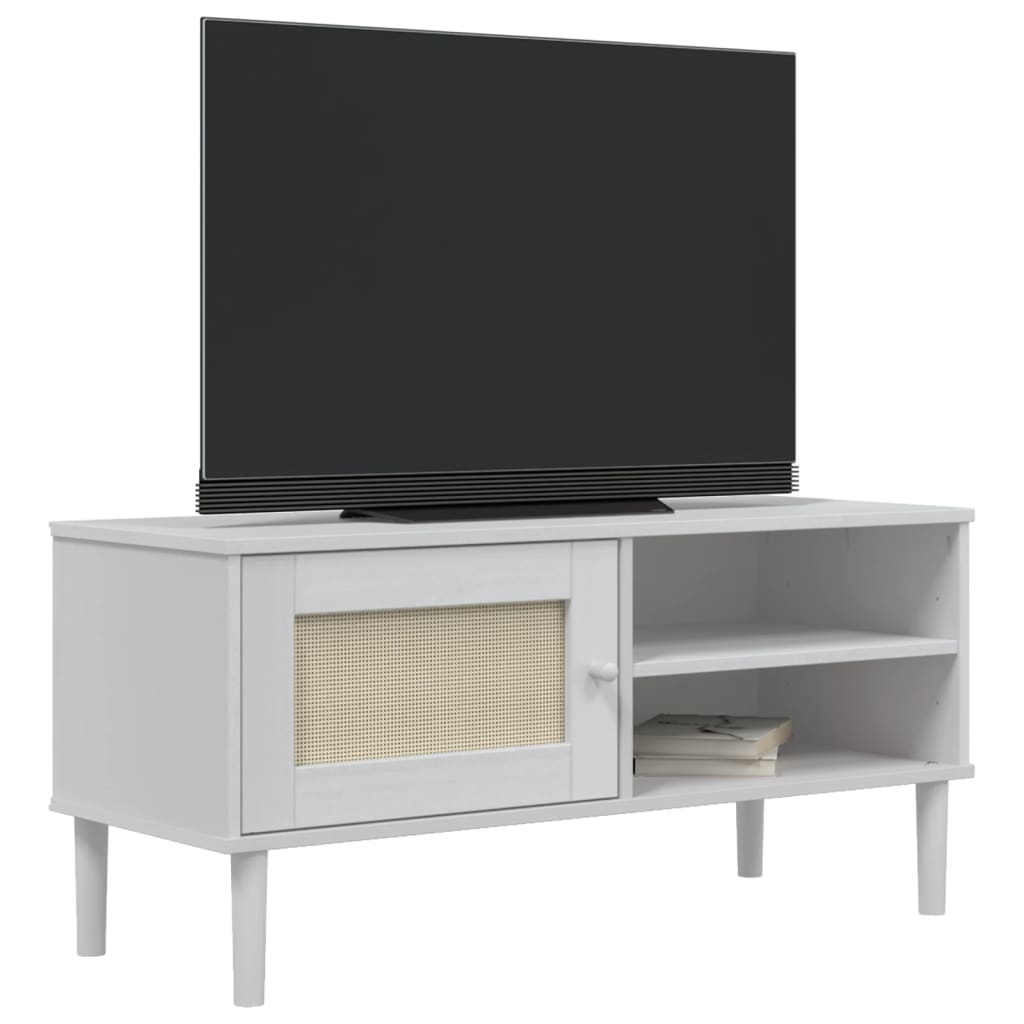Móvel de TV SENJA aspeto vime 106x40x49 cm pinho maciço branco