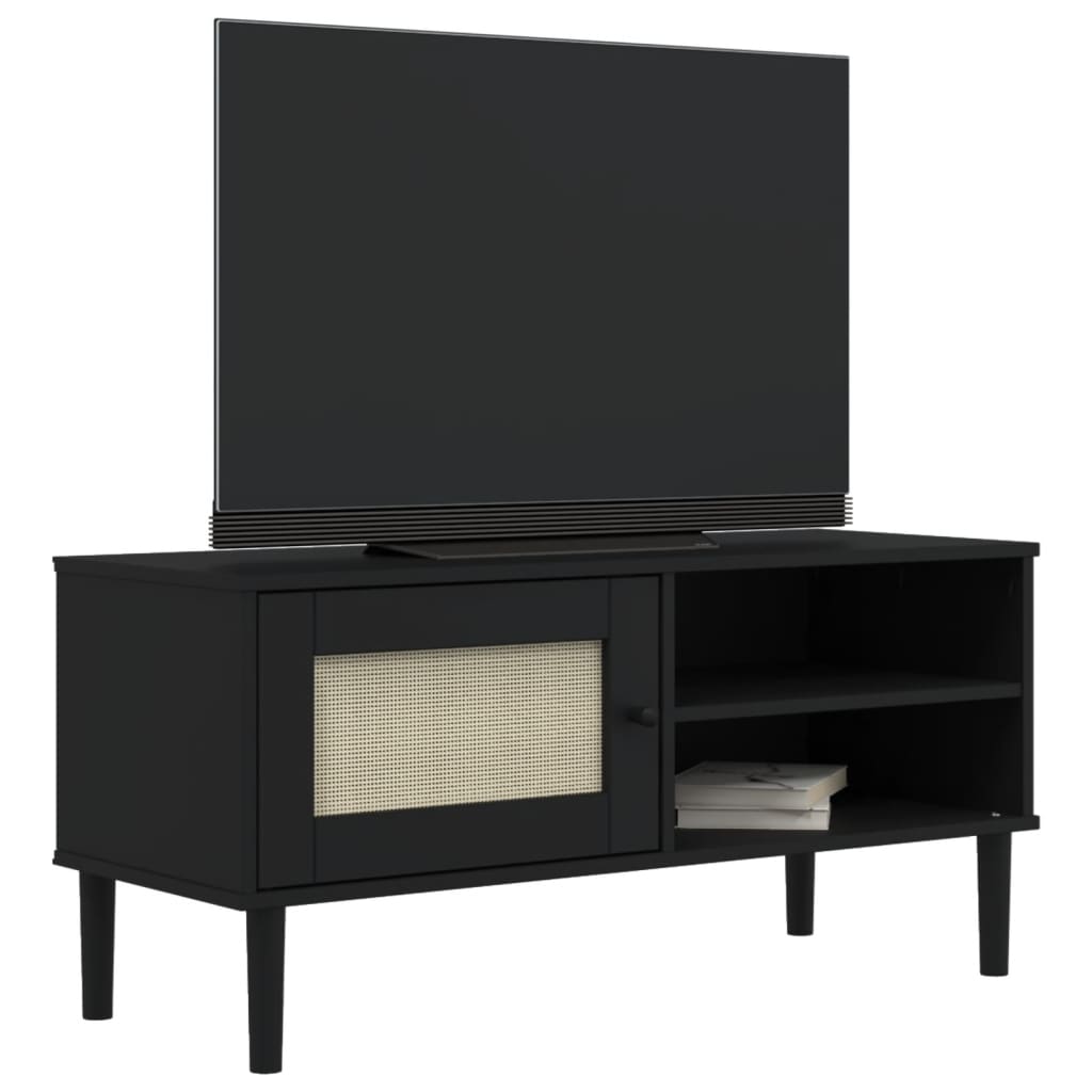 Móvel de TV SENJA aspeto vime 106x40x49 cm pinho maciço preto