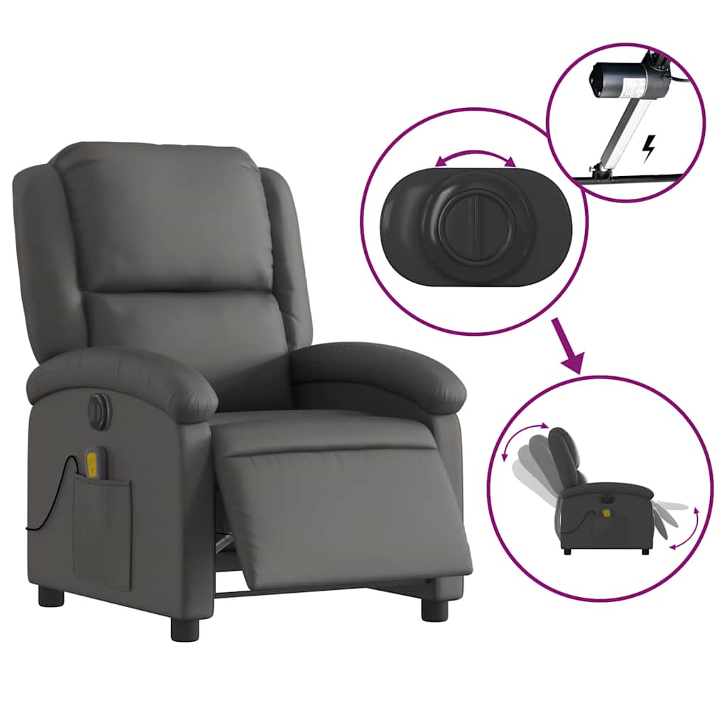 Poltrona de massagens reclinável elétrica couro genuíno cinza