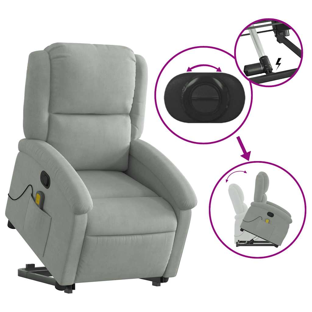 Poltrona elevatória de massagens veludo cinza-claro