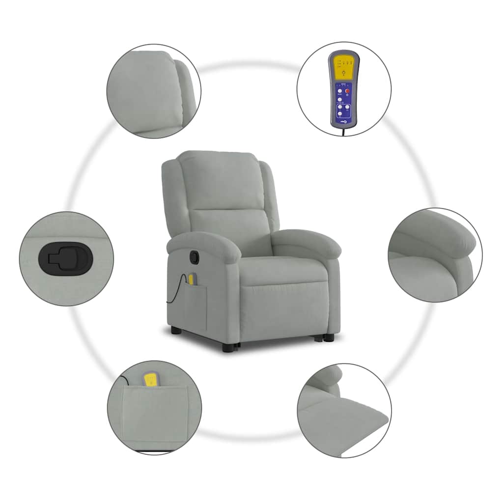 Poltrona elevatória de massagens veludo cinza-claro