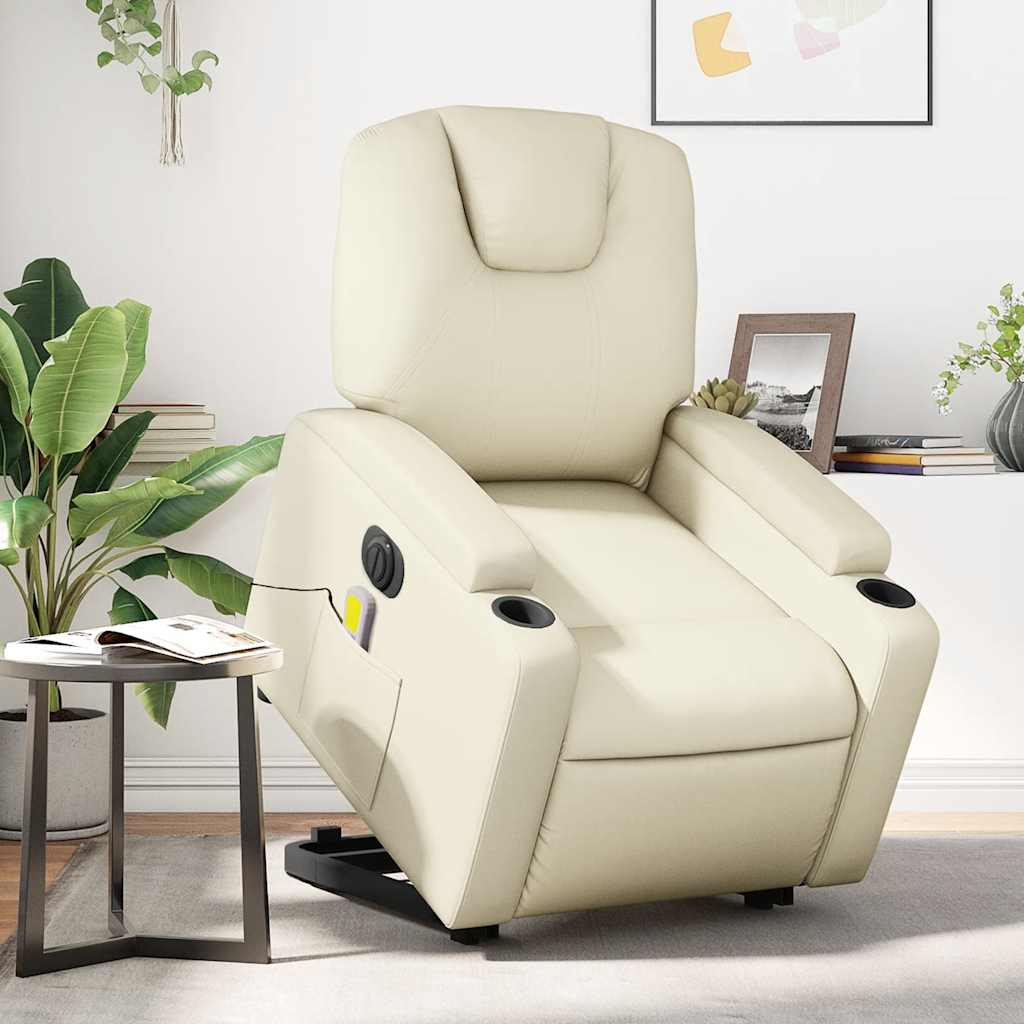 Poltrona reclinável elevatória elétrica couro artificial creme