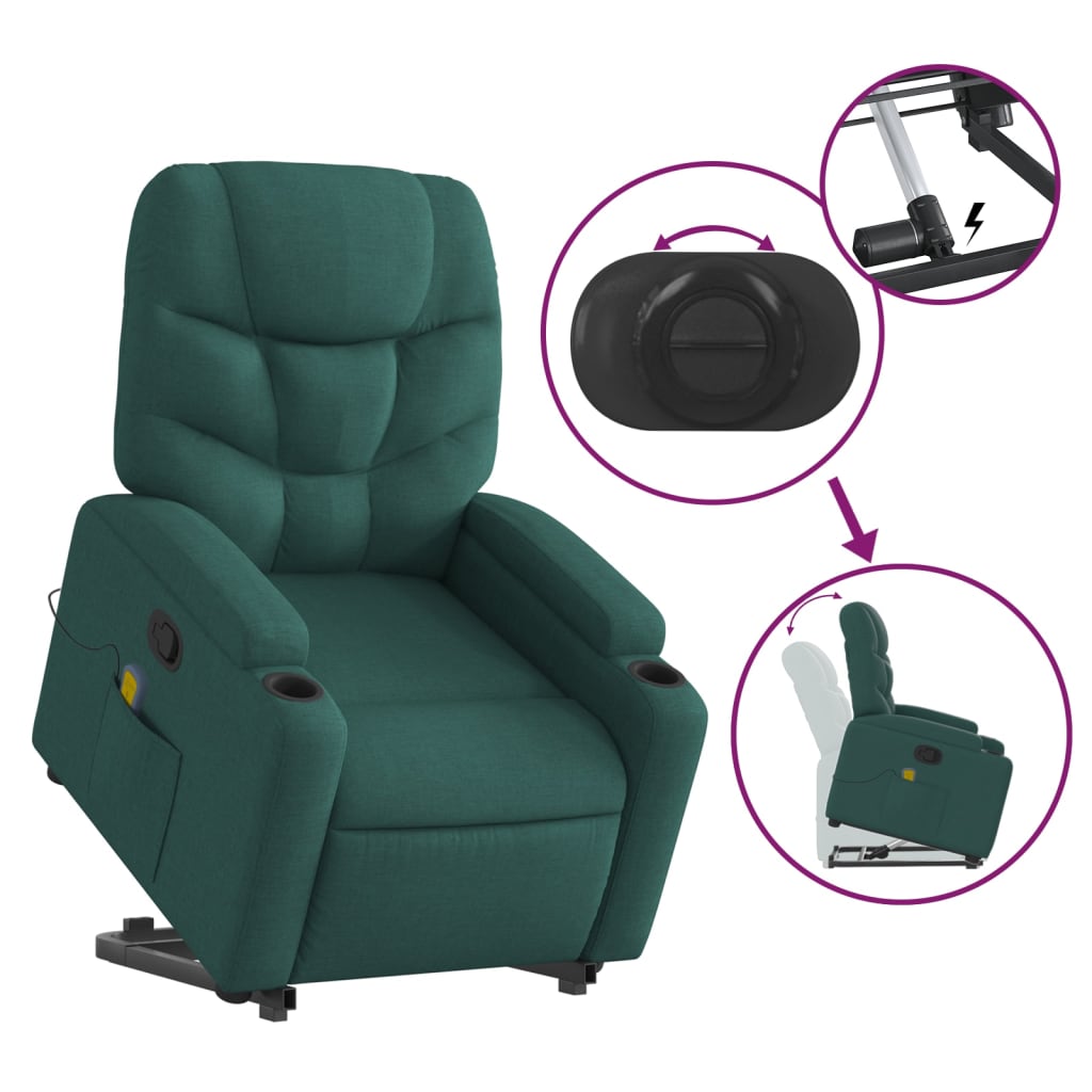 Poltrona reclinável elevatória de massagens tecido verde-escuro