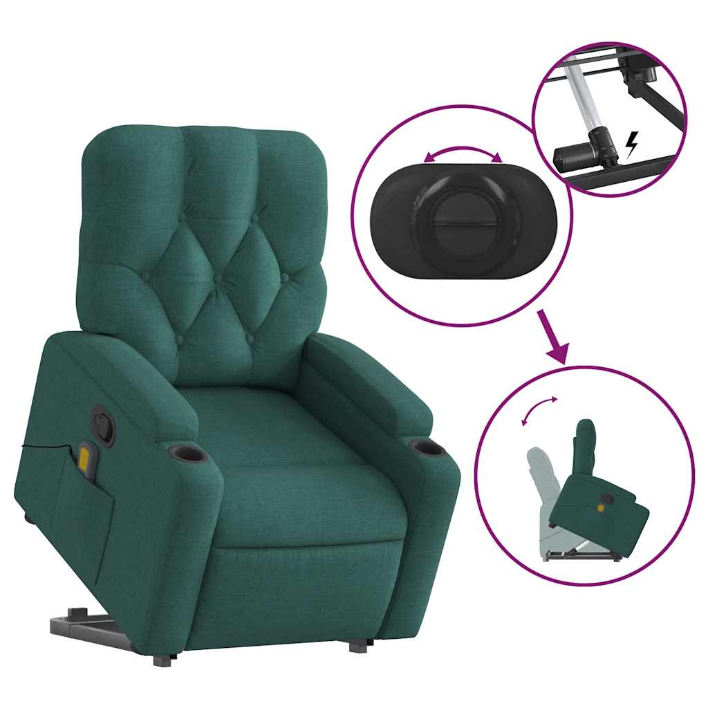 Poltrona reclinável elevatória de massagens tecido verde-escuro