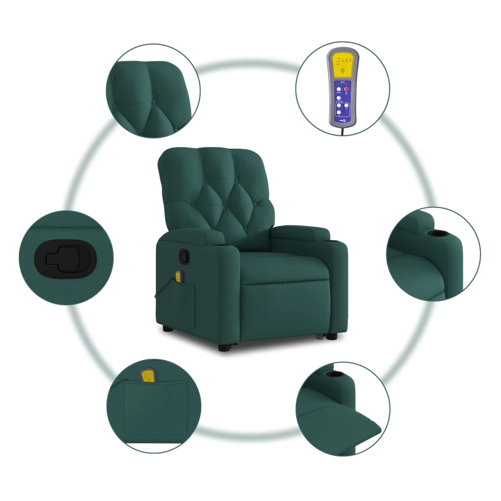 Poltrona reclinável elevatória de massagens tecido verde-escuro