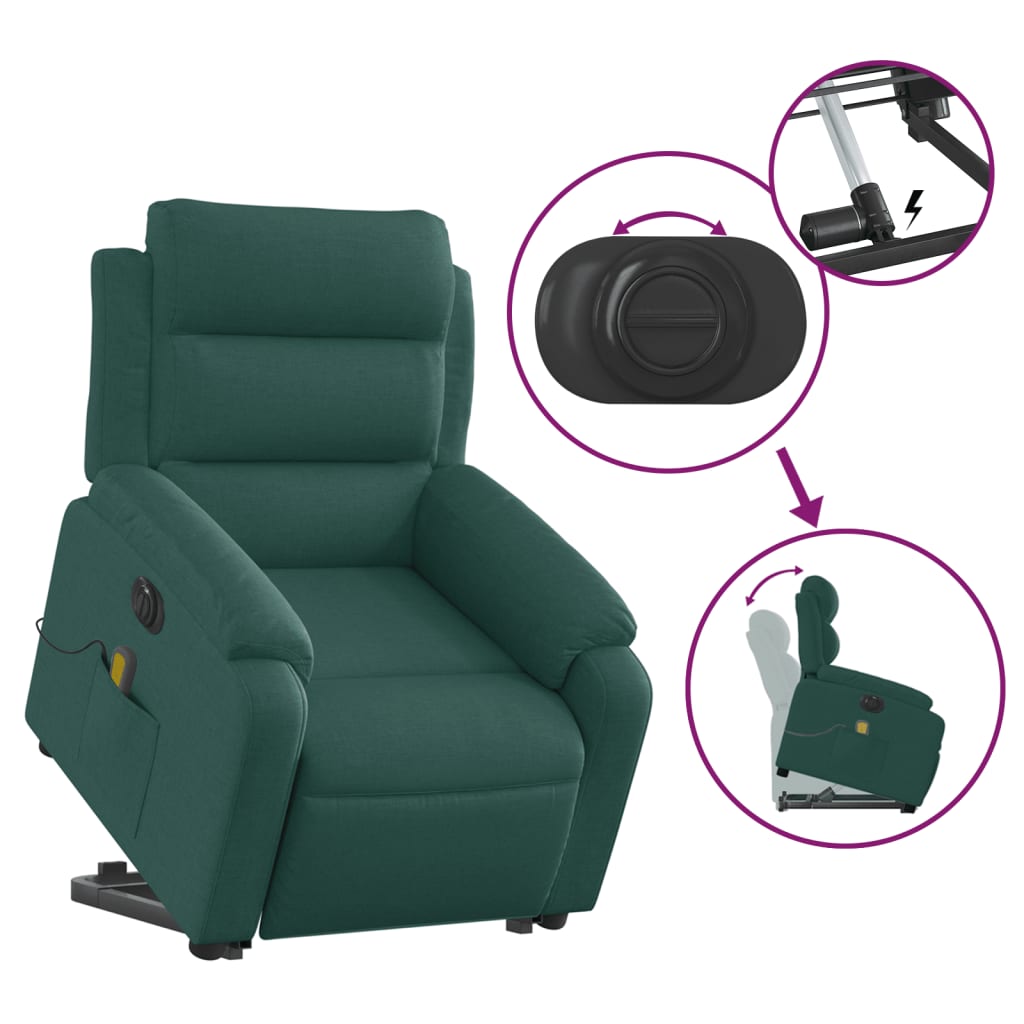 Poltrona elétrica elevatória massagens tecido verde-escuro