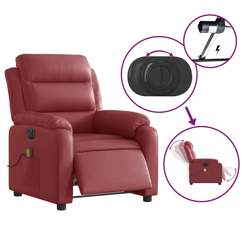 Poltrona massagens reclin. elétrica couro artif. vermelho-tinto