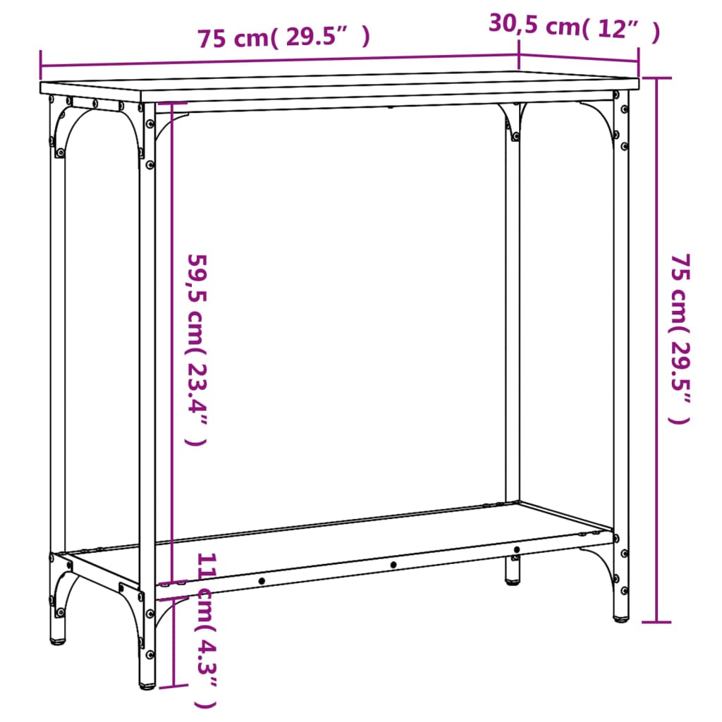 Mesa consola 75x30,5x75 cm derivados de madeira carvalho fumado