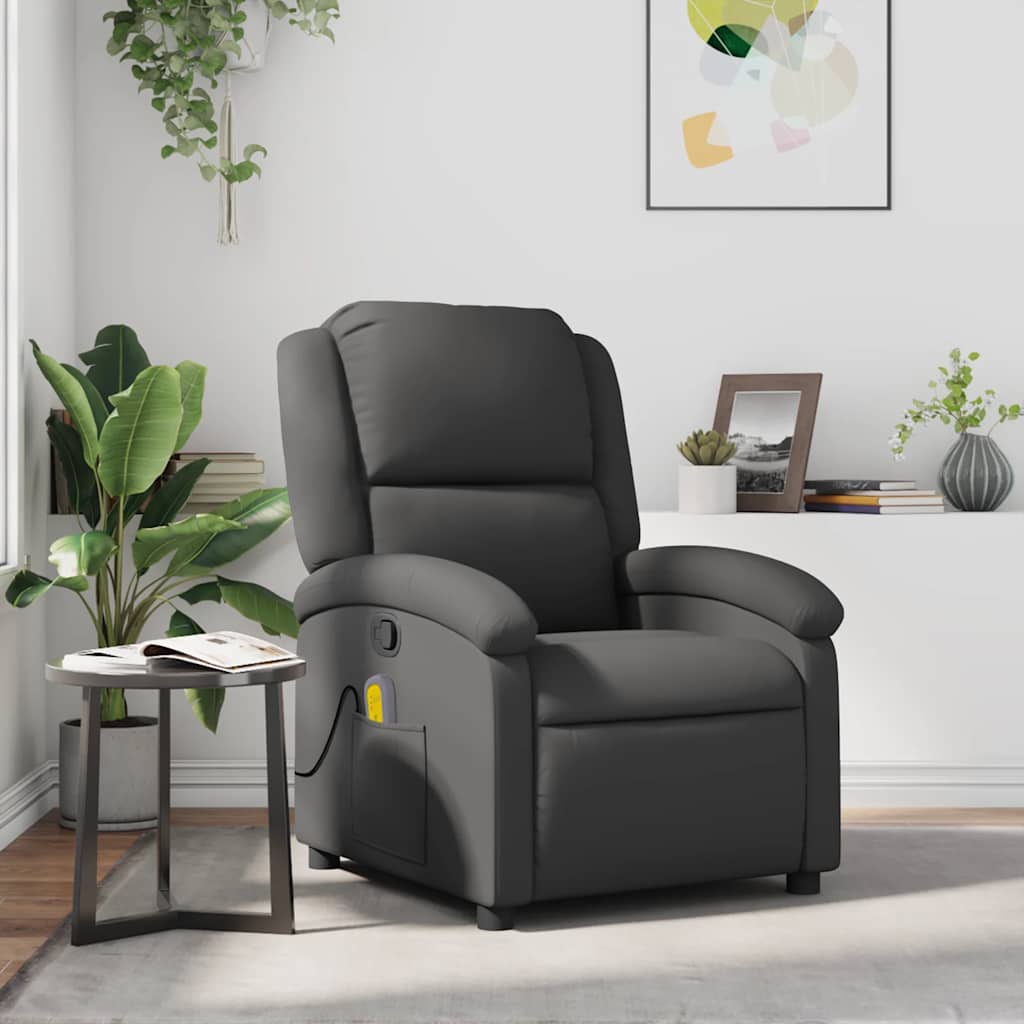 Poltrona de massagens reclinável couro genuíno cinzento