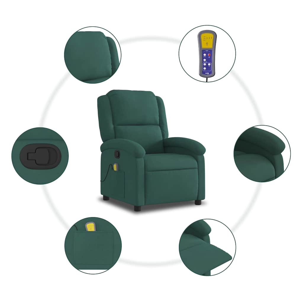 Poltrona de massagens reclinável veludo verde-escuro