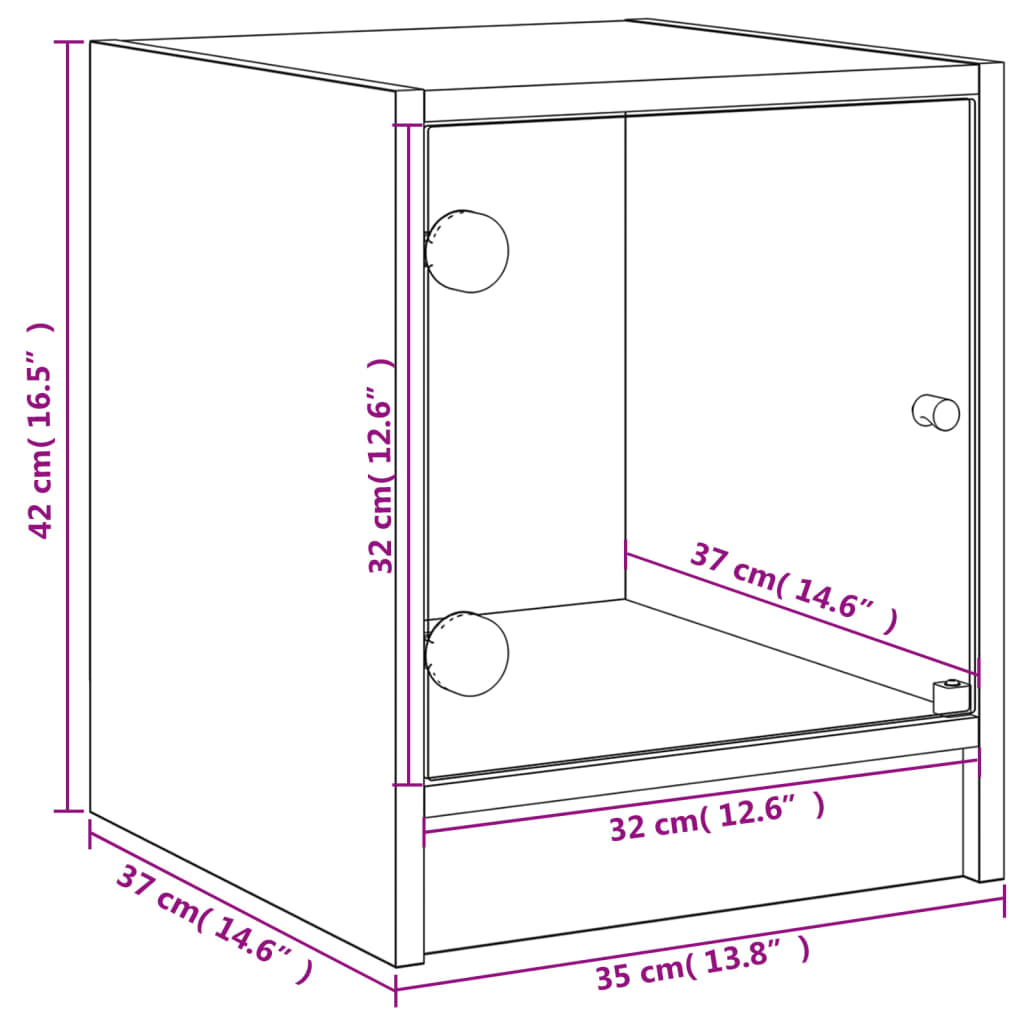 Mesa cabeceira c/ portas vidro 2 pcs 35x37x42cm carvalho fumado
