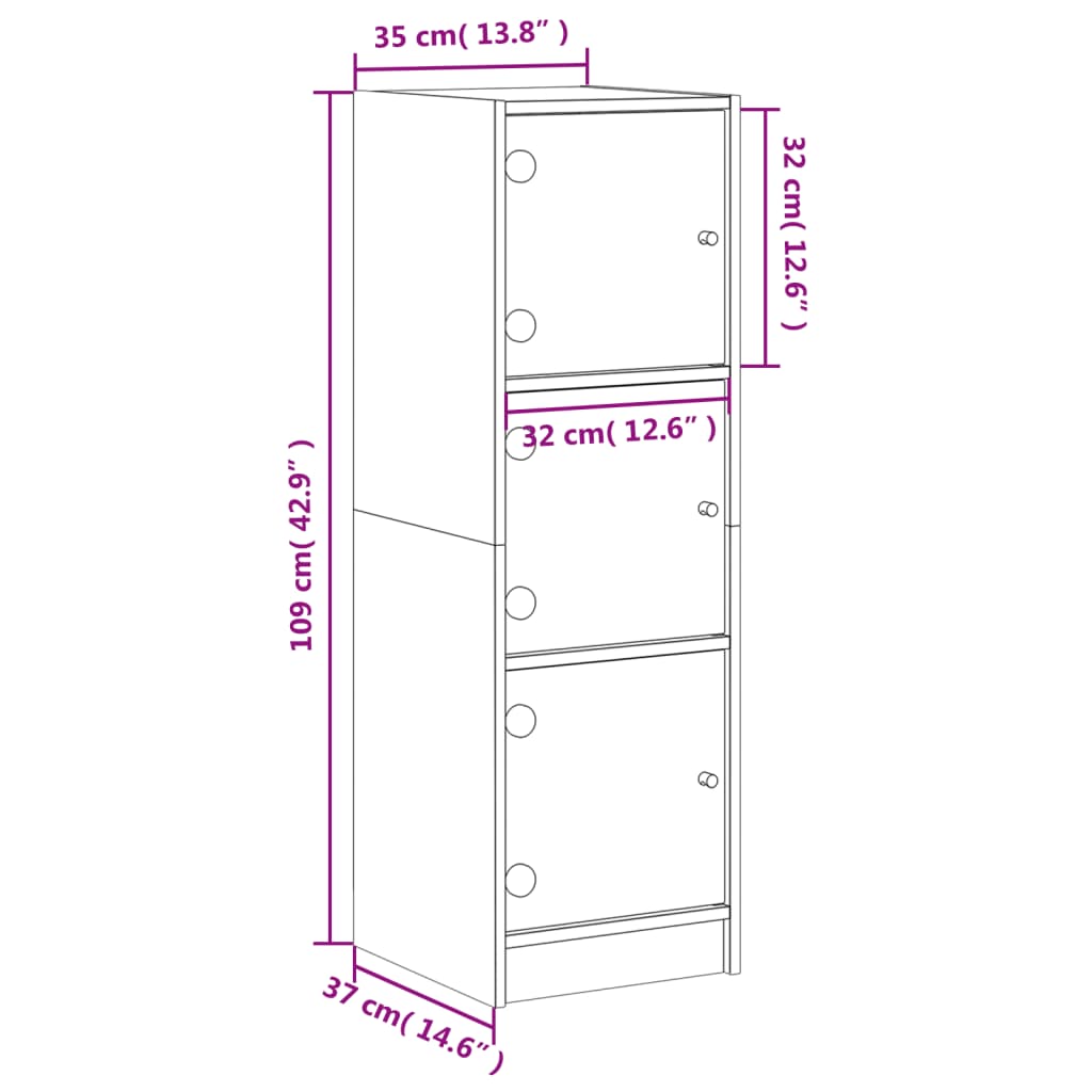 Aparador alto c/ portas de vidro 35x37x109 cm carvalho fumado