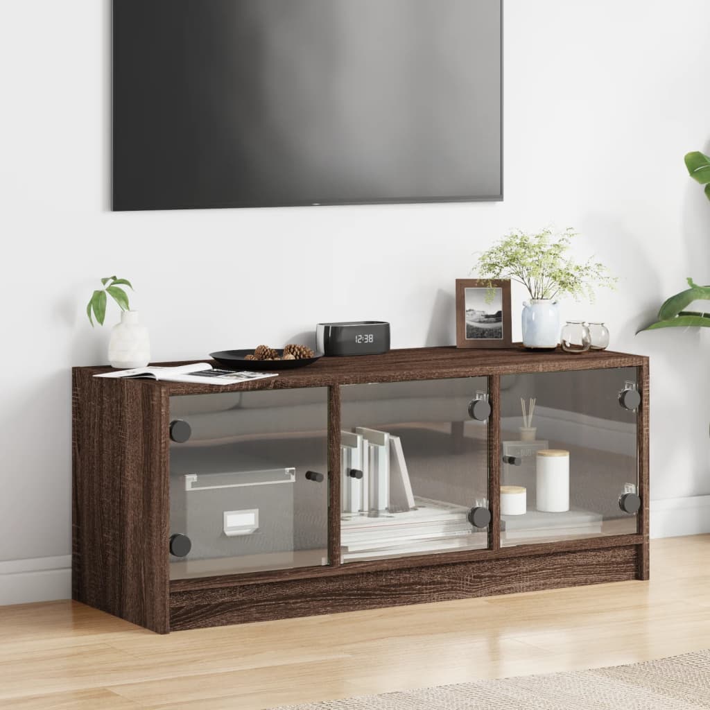 Móvel de TV c/ portas de vidro 102x37x42 cm carvalho castanho
