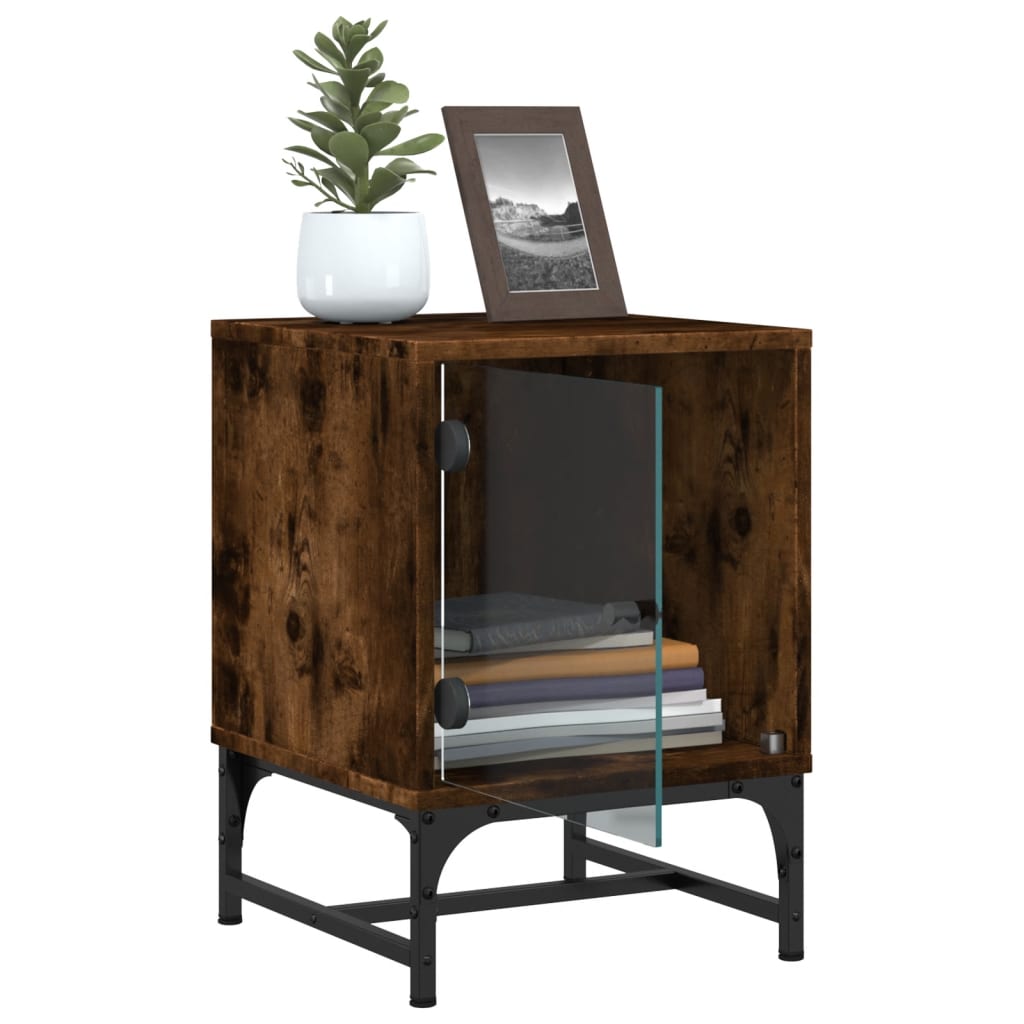 Mesa cabeceira c/ portas vidro 2 pcs 35x37x50cm carvalho fumado