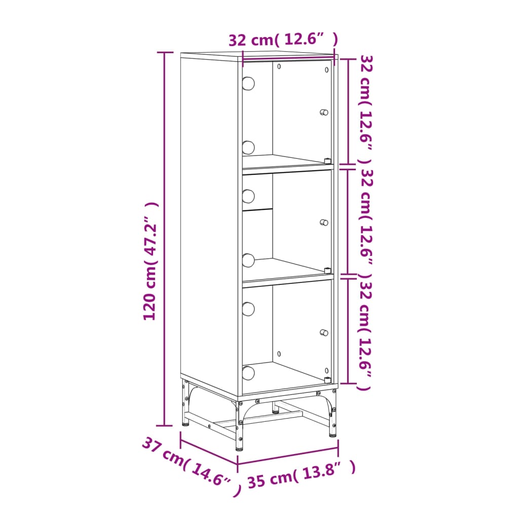 Aparador alto c/ portas de vidro 35x37x120 cm cinzento sonoma