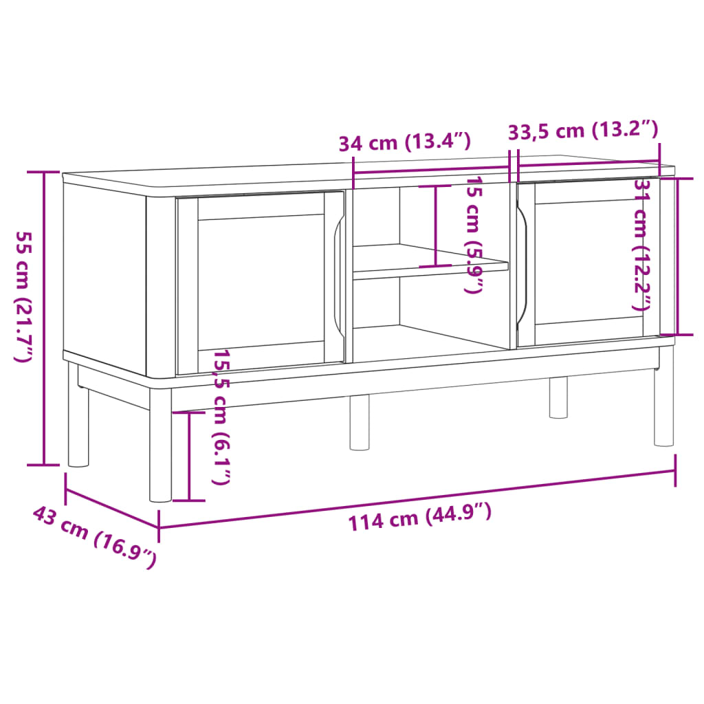 Móvel de TV FLORO 114x43x55 cm madeira de pinho maciça branco