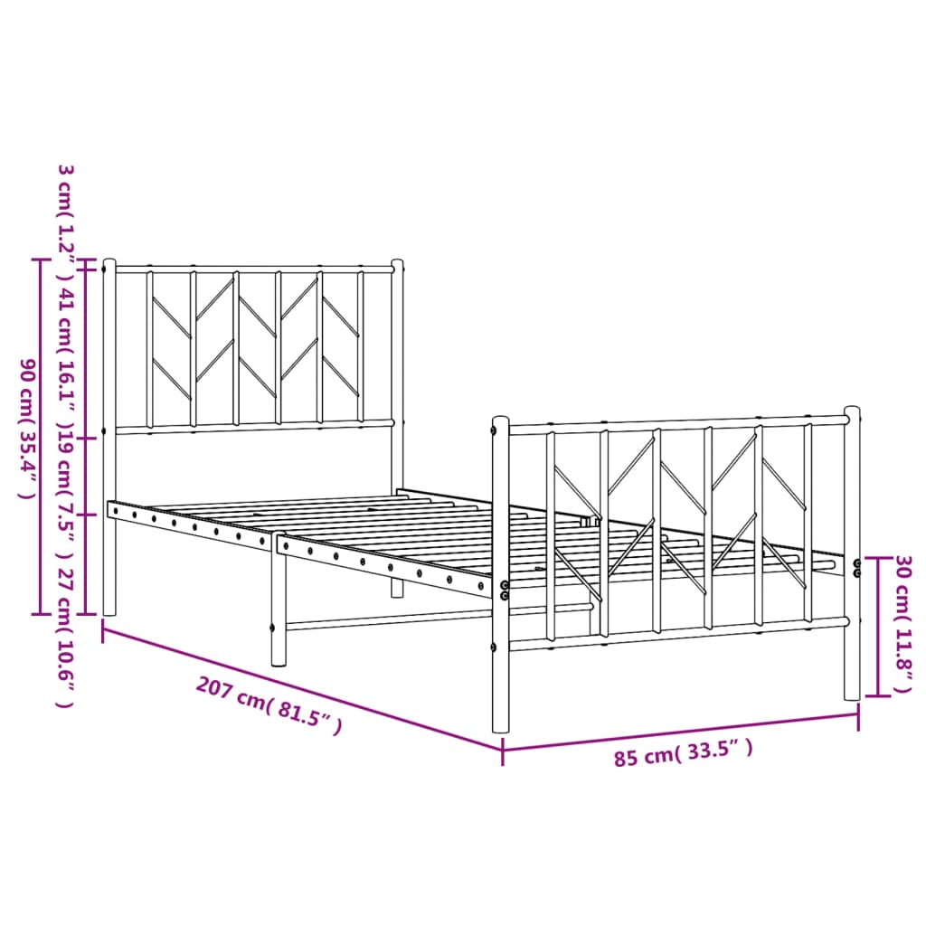 Estrutura de cama com cabeceira e pés 80x200 cm metal preto