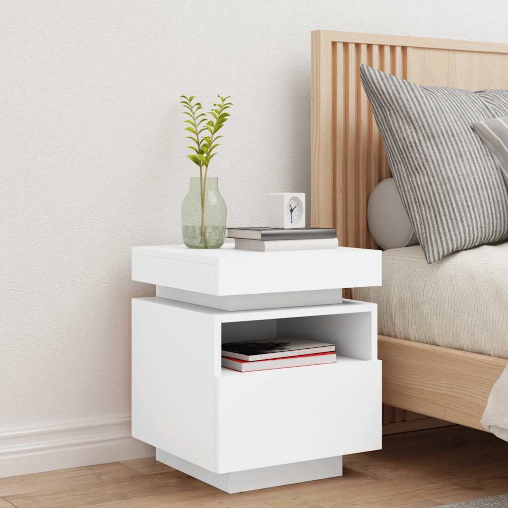 Mesa de cabeceira com luzes LED 40x39x48,5 cm branco