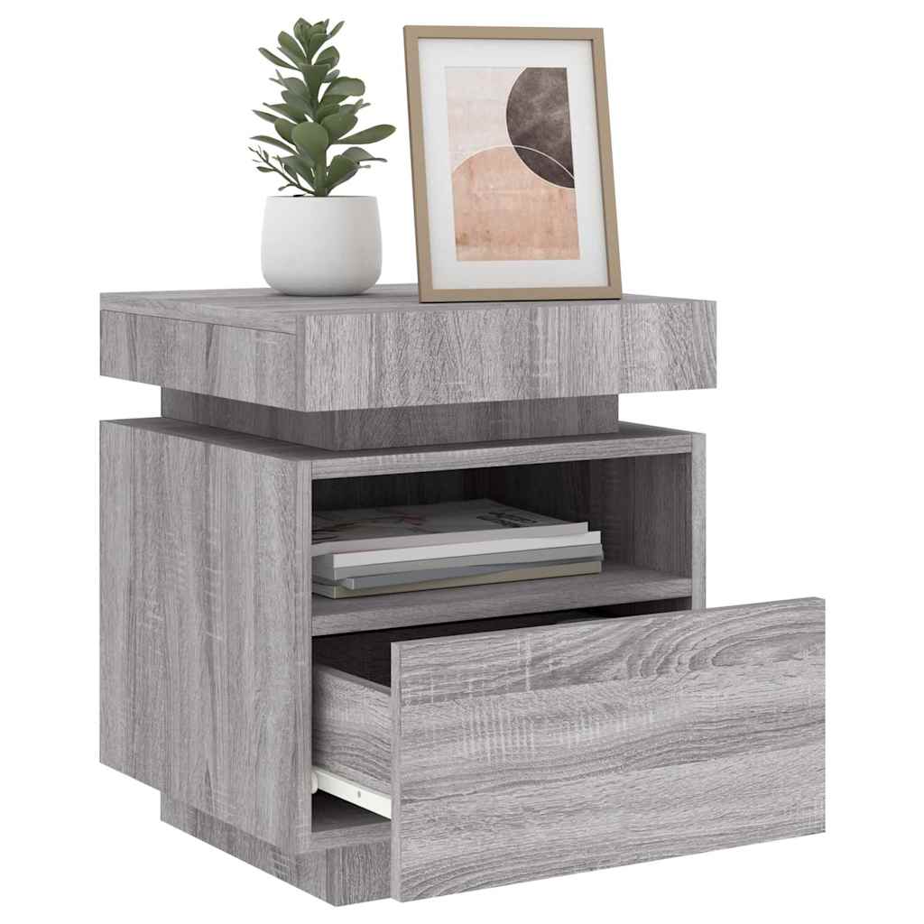 Mesa de cabeceira com luzes LED 40x39x48,5 cm cinzento-sonoma