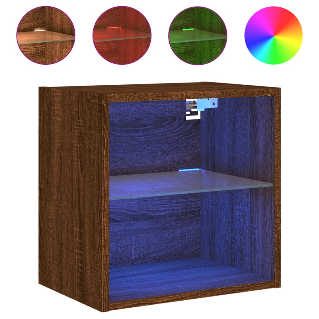 Mesas de cabeceira parede c/ luzes LED 2 pcs carvalho castanho