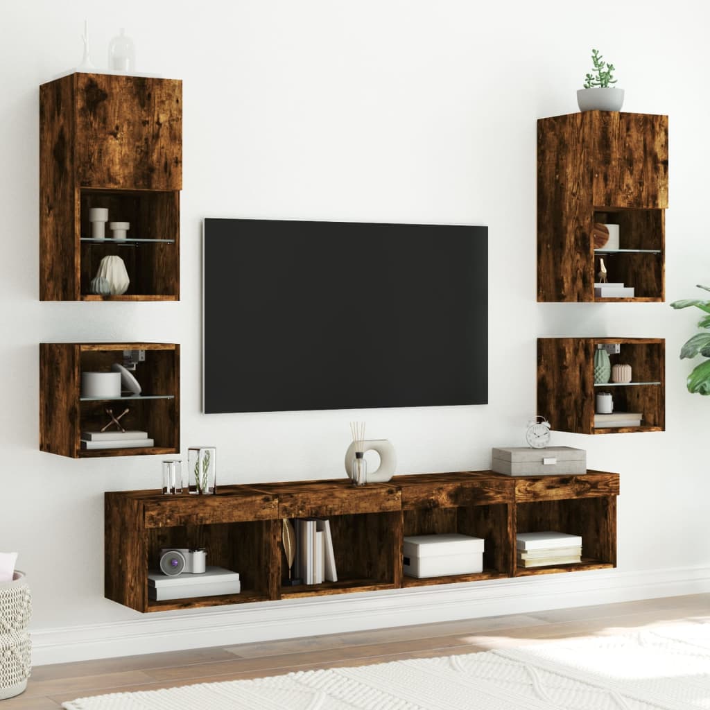 Mesas de cabeceira de parede com luzes LED 2pcs carvalho fumado