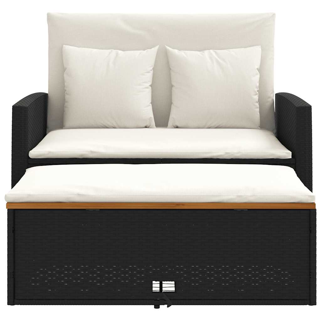 Sofá jardim c/ almofadões 2 lugares vime PE/acácia maciça preto