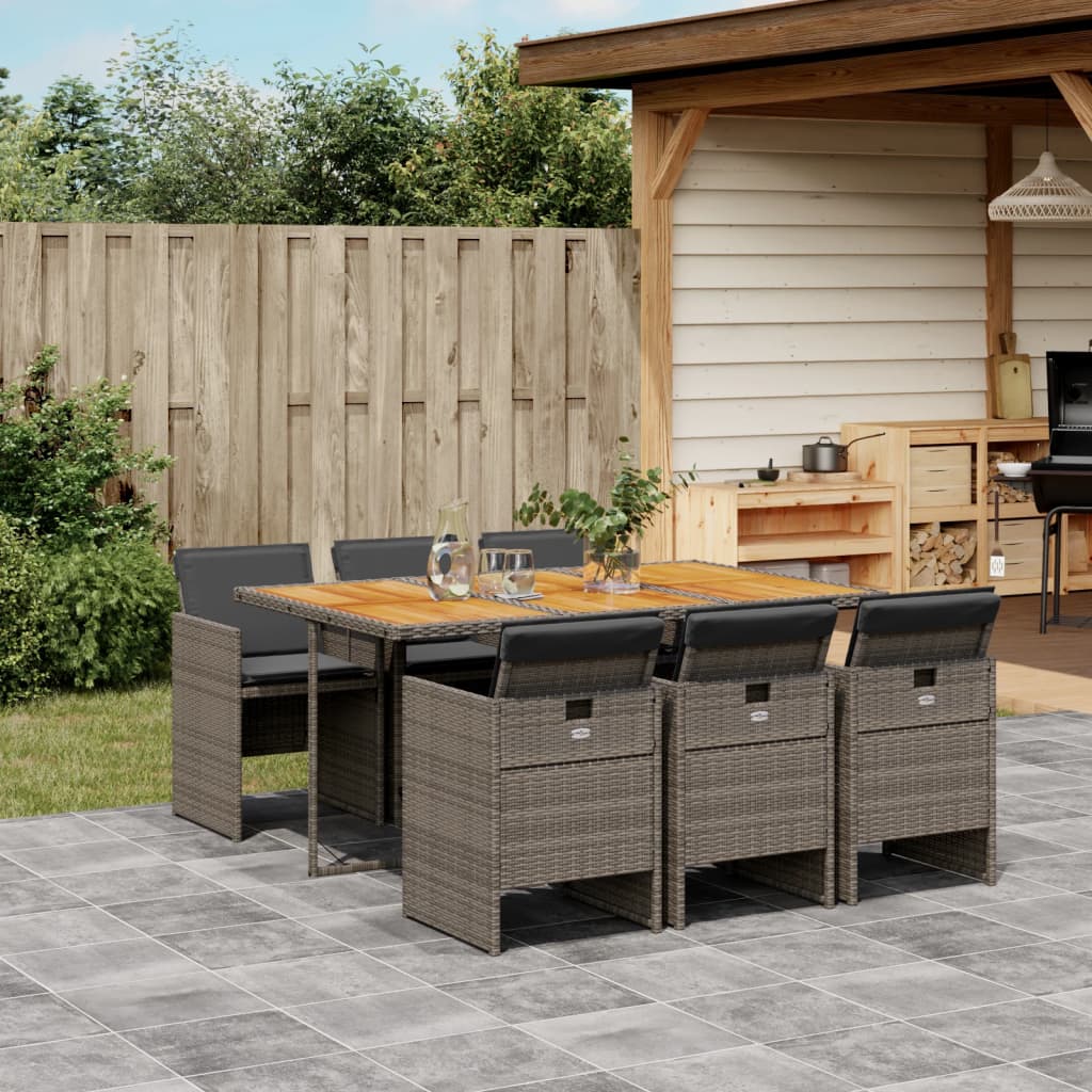 7 pcs conjunto de jantar p/ jardim c/ almofadões vime PE cinza