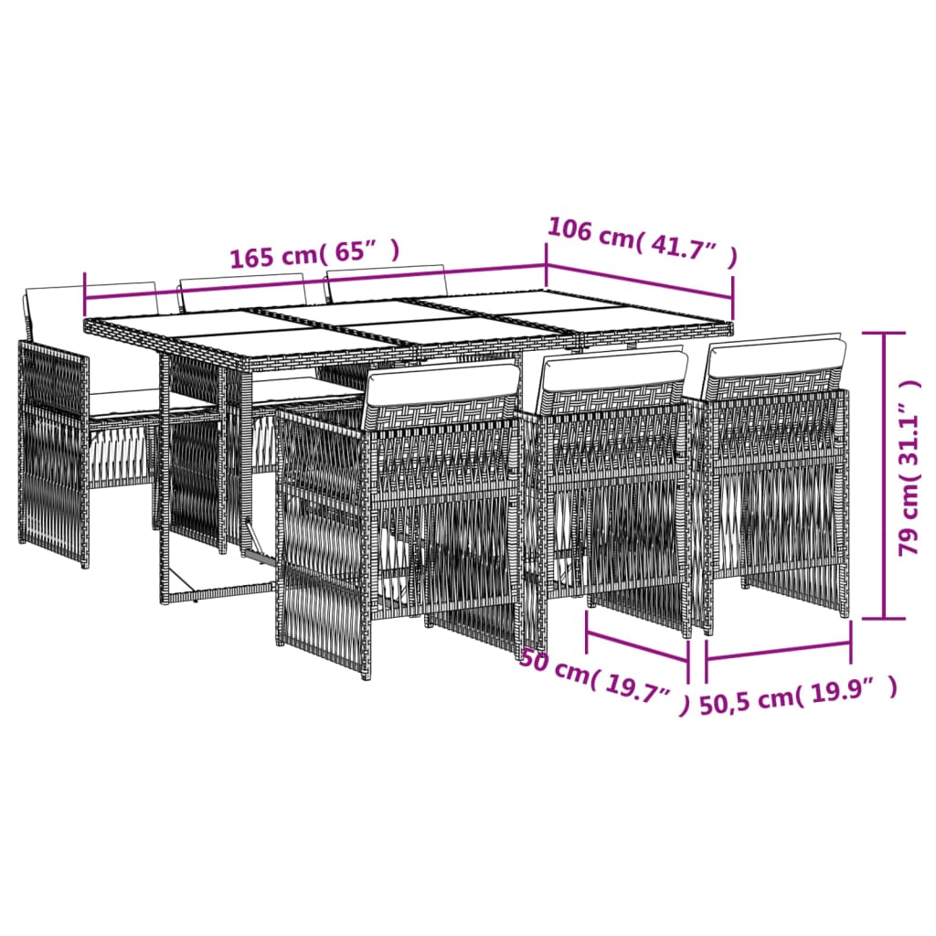 7 pcs conjunto de jantar p/ jardim com almofadões vime PE bege