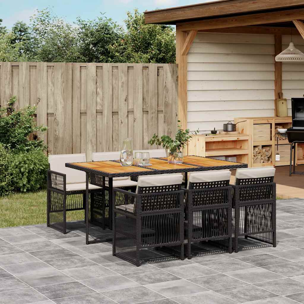 7 pcs conjunto de jantar p/ jardim c/ almofadões vime PE preto