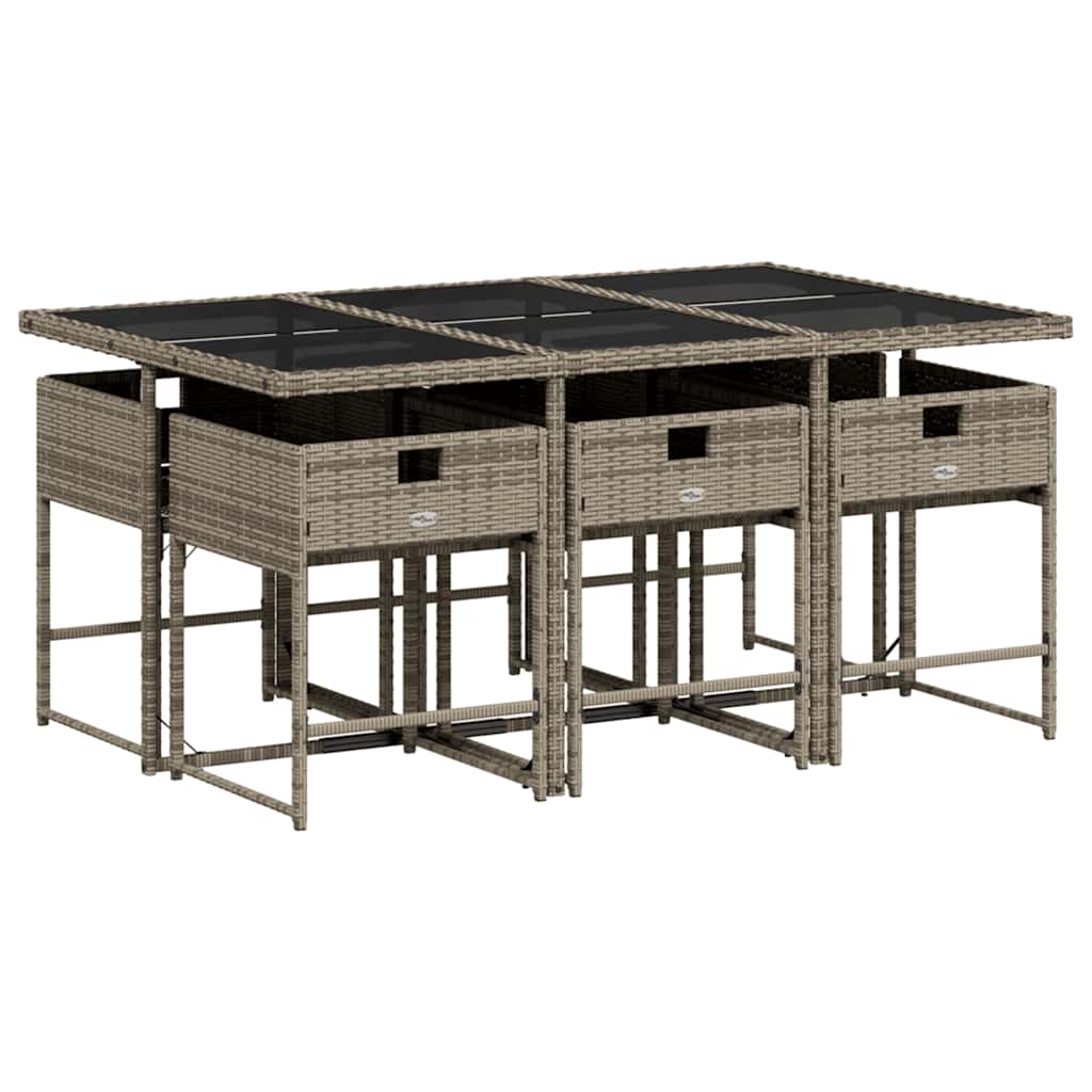 7 pcs conjunto de jantar p/ jardim c/ almofadões vime PE cinza
