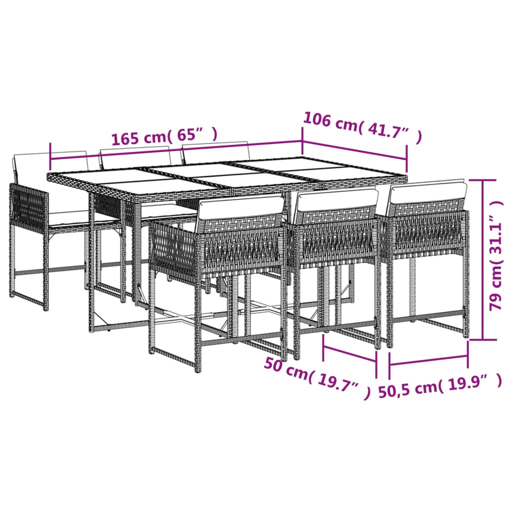 7 pcs conjunto de jantar p/ jardim com almofadões vime PE bege