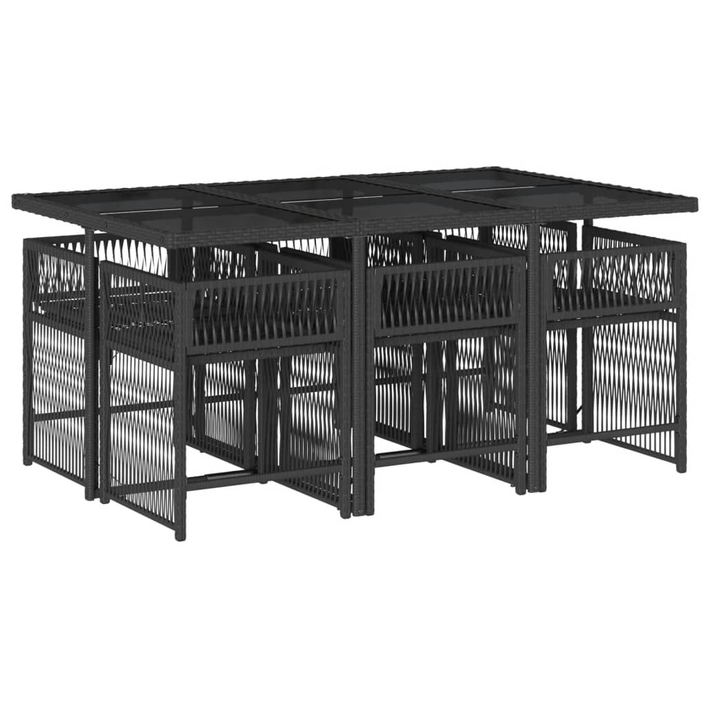 7 pcs conjunto de jantar p/ jardim c/ almofadões vime PE preto