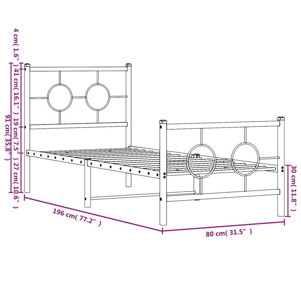 Estrutura de cama com cabeceira e pés 75x190 cm metal preto