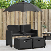 Sofá de jardim 2 lugares com guarda-sol e bancos vime PE preto