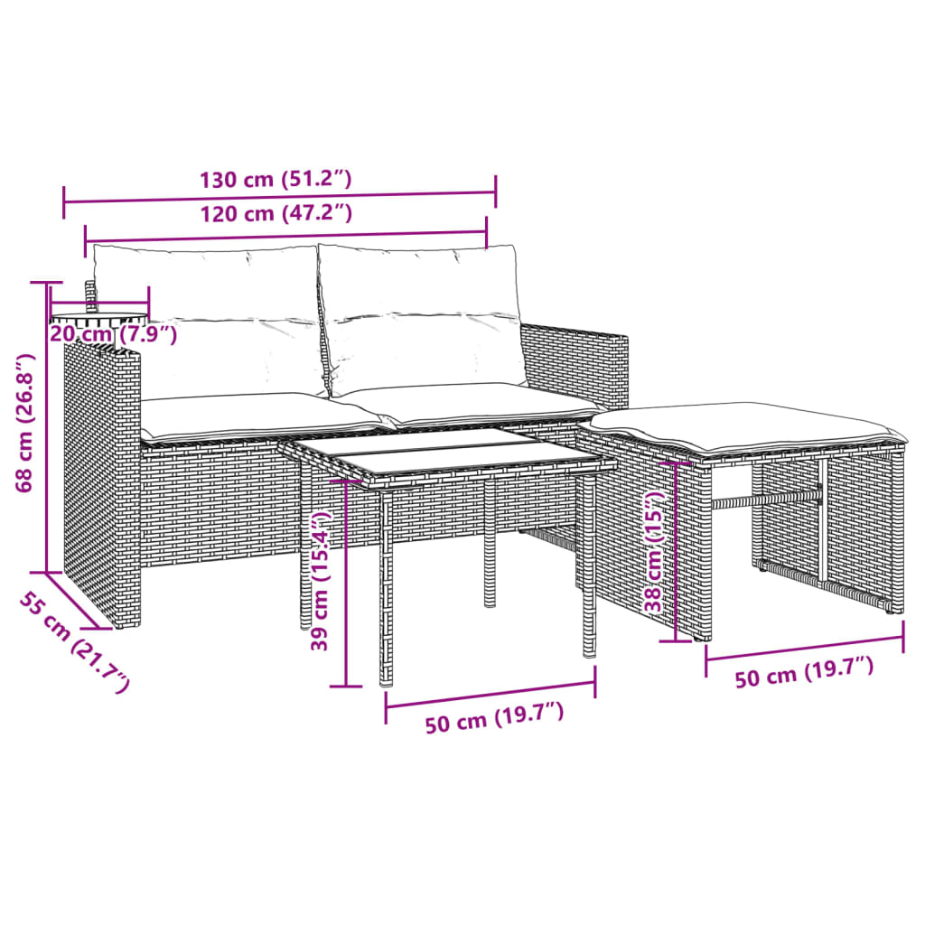 3 pcs conjunto sofás de jardim com almofadões vime PE preto