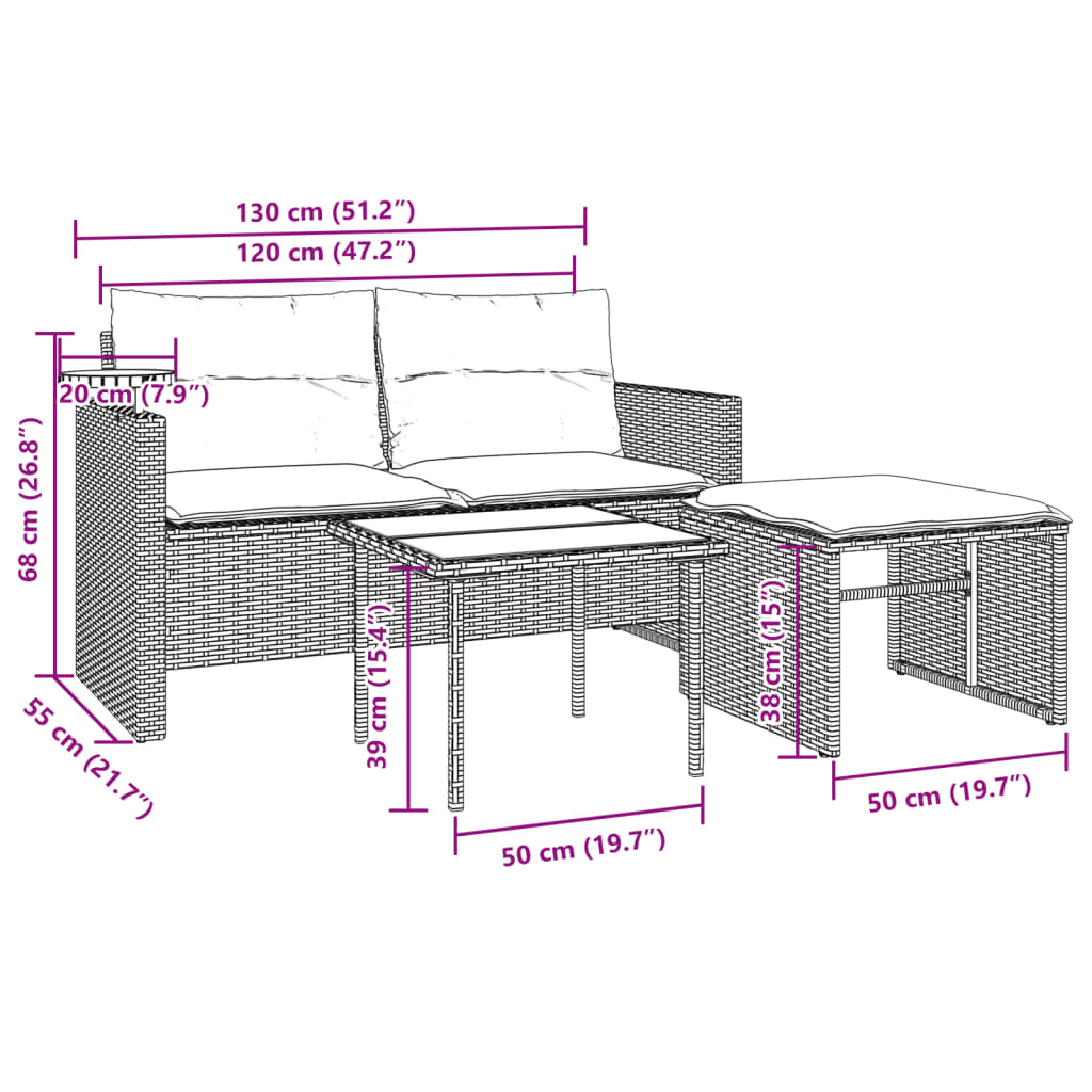 3 pcs conjunto sofás de jardim com almofadões vime PE castanho