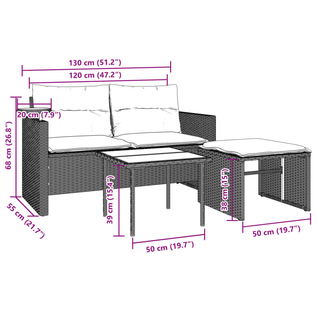 3 pcs conj. sofás jardim c/ almofadões vime PE cinzento-claro